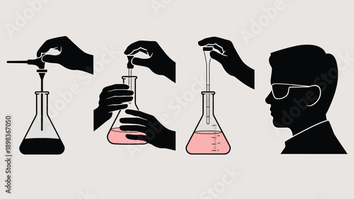Scientist Conducting Experiment in Laboratory with Pink Liquid in Minimalist Silhouette Style for Science Education