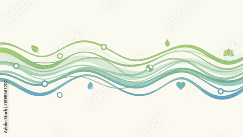 A wave-like illustration with subtle colors and nature symbols