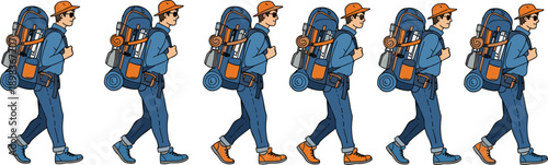 Group of hikers walking in a line with backpacks and camping gear vector illustration