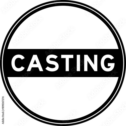 Black color round seal sticker in word casting on white background