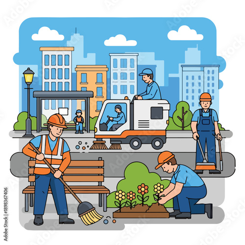 City illustration depicting urban maintenance tasks cleaning, planting, and sweeper