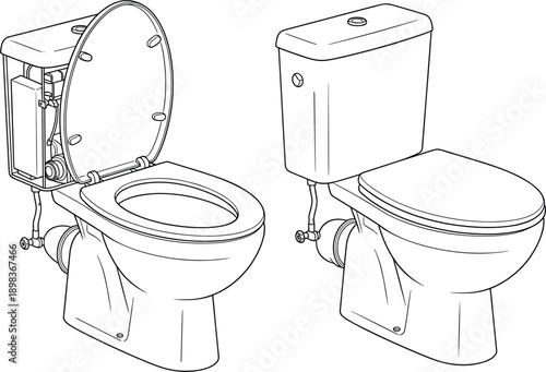 Line drawing illustration of a modern toilet with open and closed lid bathroom sanitary