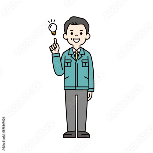 いいアイデアを思いつく、作業服を着た中小企業の経営者・社長・工場長の全身ベクターイラスト素材