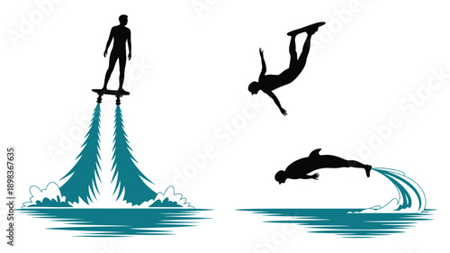 Surfers in Action Silhouettes on White Background with Dynamic Poses in Black Color for Sports Illustration