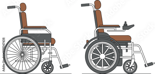 Manual and Electric Wheelchairs Side by Side on a White Background mobility disability