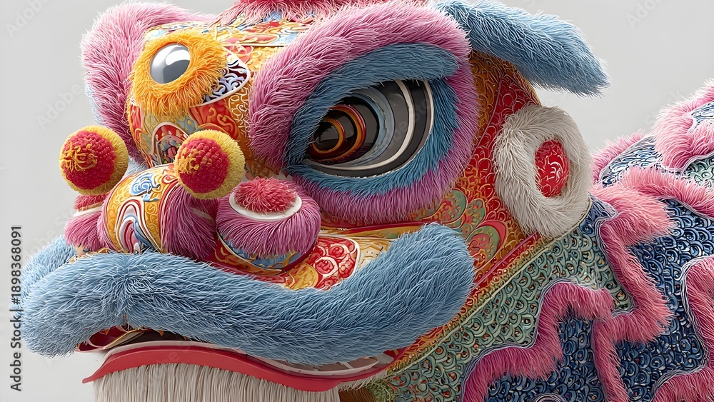 Obraz premium Close Up Chinese Lion Dance Head Red Costume Traditional Festival Art