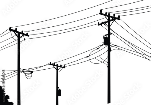 Silhouette of electric power poles and wires, minimalist vector illustration, urban energy connection, communication infrastructure, black and white design art.