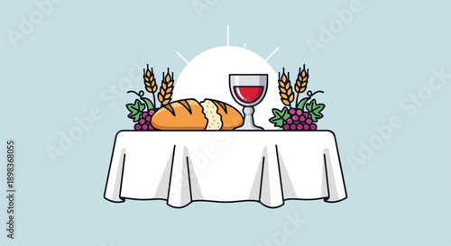 Cartoon illustration of a table setting bread, wine, and grapes