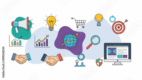 Colorful vector illustration featuring business and marketing icons