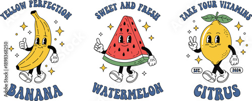 Retro Cartoon Style Banana Watermelon and Lemon Characters Keywords: banana, watermelon, lemon, fruit, character, cartoon, retro
