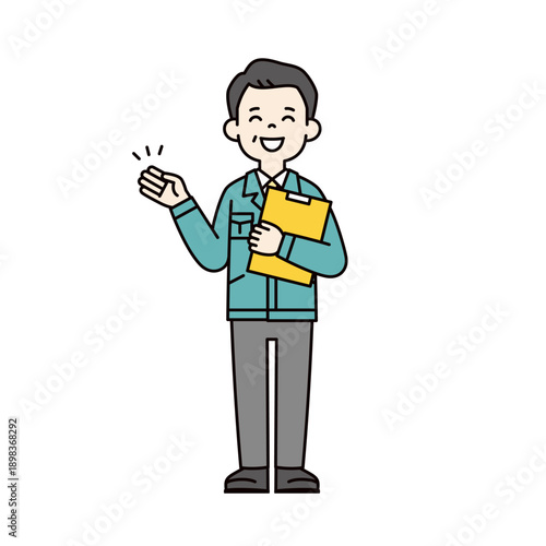 手を添えて笑顔で案内する、50代・60代の作業員・技術者・工場長の全身ベクターイラスト素材