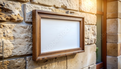 Wallpaper Mural Blank Horizontal Wooden Frame Sign Mockup on Rustic Stone Wall, Outdoor Store Signage Template for Cafe, Restaurant, Hotel, Boutique Branding, Vintage Business Identity Display Torontodigital.ca