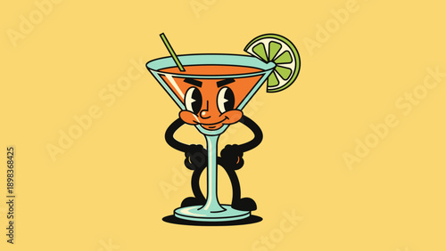 A cartoon cocktail character stands confidently holding a lime garnish on a yellow background viewed from the front