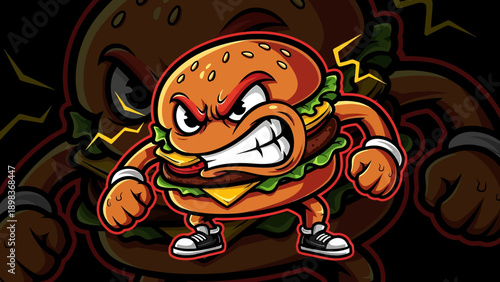A cartoon hamburger character stands ready to fight, embodying action and strength in an animated illustration.
