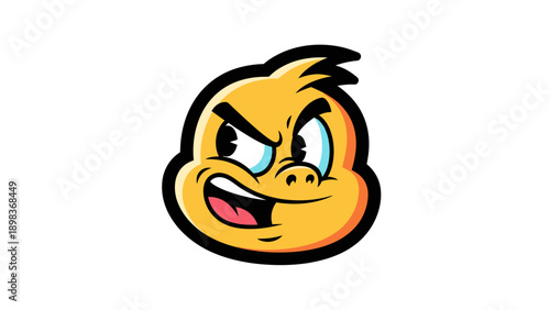 Angry cartoon character with aggressive expression and raised eyebrow, illustration of emotion, close-up view