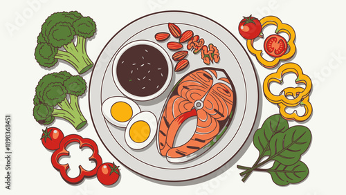 A colorful illustration of a nutritious meal featuring a variety of food items on a plate, viewed from directly above.