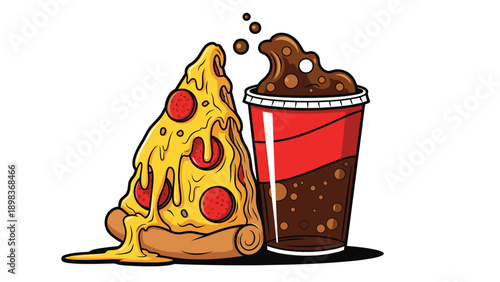 A vibrant illustration of a pizza slice and a fizzy drink together on a clean background from a straightforward viewpoint