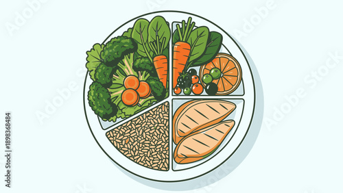 A balanced meal divided into sections on a plate, showcasing various healthy food options from different angles.