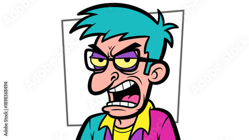 A cartoon character with a furious expression is depicted in a vibrant, exaggerated illustration style