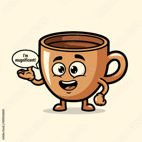 A cartoon coffee cup with a smile and speech bubble stands alone with legs and arms, expressing its magnificence in a simple illustration style.