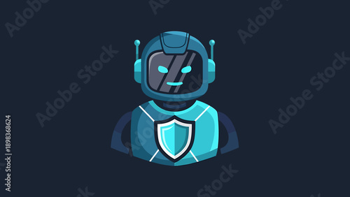 A robot wearing a protective vest with a shield emblem is depicted in a digital illustration on a dark background from a frontal viewpoint