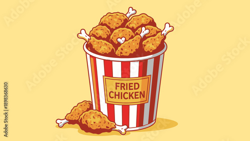 A vibrant illustration of a striped bucket overflowing with fried chicken pieces on a bright yellow background from a straight-on viewpoint