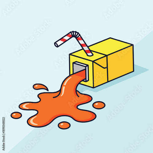 Cartoon illustration of spilled juice from a yellow juice box with a straw