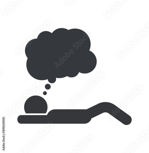 Isolated pictogram of person sleeping on back with cloud bubble dream, symbolizing rest, relaxation, imagination, and peaceful night illustration.