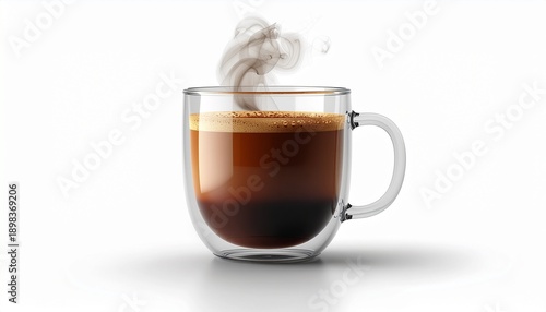 Steaming hot cup of coffee in a clear glass mug with rich crema and wisps of smoke on a white background
