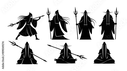 Mysterious ancient warrior figures in silhouette, holding spears and swords