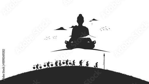 Silent pilgrimage towards spiritual enlightenment and inner peace silhouette illustration