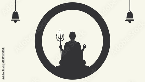 Hindu Meditator Silhouette with Trident and Sacred Bells, Divine Inner Peace Symbolism