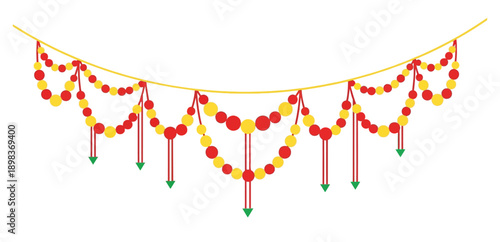 Festive garland of red and yellow beads with green tassels, perfect for celebrations and decoration