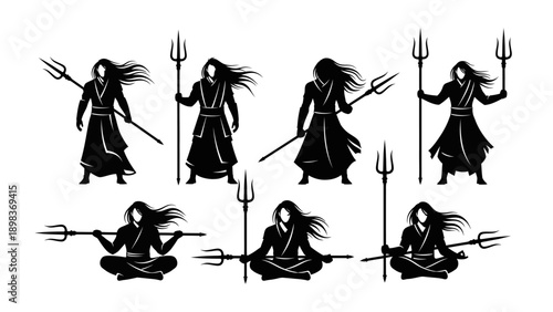 Illustrations of a Warrior Holding a Trident in Various Dynamic Poses