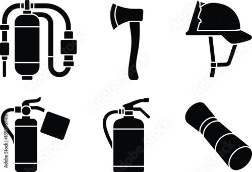 Firefighting equipment silhouette icon set featuring fire extinguisher, axe and helmet symbols, isolated on white background for safety design