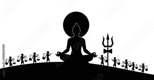 Meditating Figure Surrounded by Figures Carrying Loads, Symbolizing Enlightenment and Burden