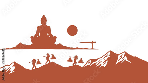 Meditating Buddha overlooks laborers carrying burdens across hills, symbolizing spiritual and physical journey