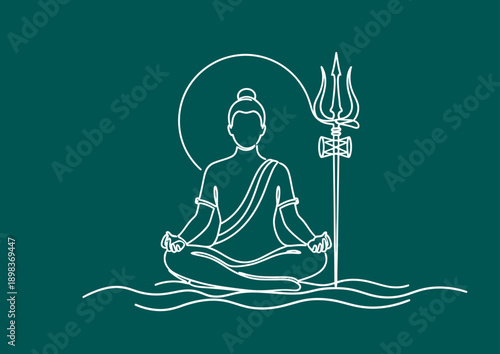 Lord Shiva meditating in a lotus position with trident, spiritual and divine representation