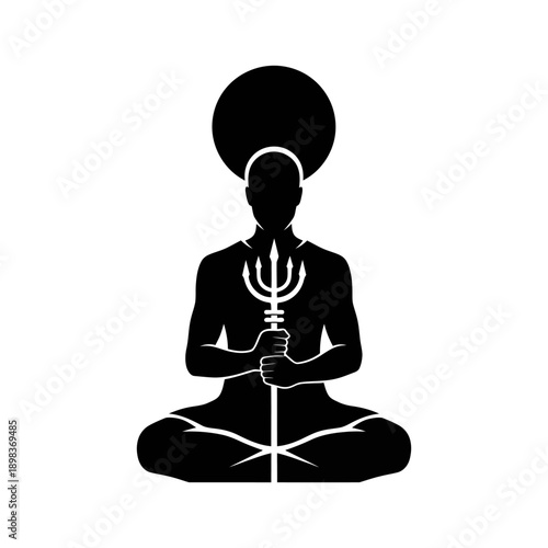 Serene figure meditating with a trident and radiant halo, symbolizing spiritual power and enlightenment