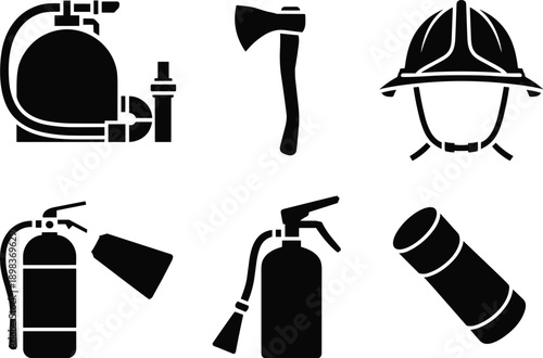 Firefighting equipment silhouette set including fire extinguisher, axe and helmet icons, isolated on white background for safety and emergency design