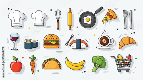 Assortment of food and kitchen items in an illustrated, colorful style