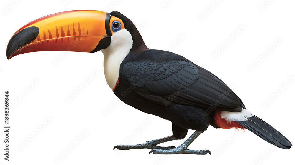 Naklejka premium A vibrant and detailed illustration of a toucan perched gracefully, showcasing its distinctive large orange beak and colorful plumage