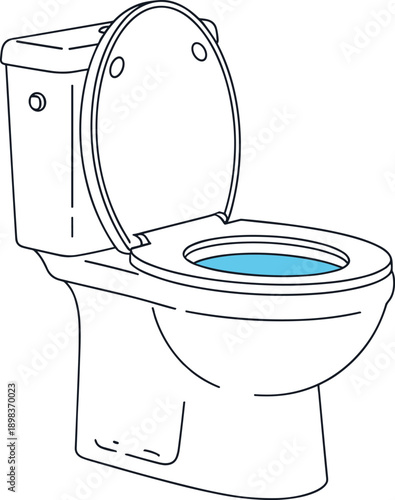 White Toilet Bowl with Open Lid and Blue Water on White Background Keywords: toilet, bathroom, sanitary, plumbing, ceramic