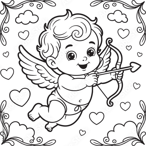 Cute cartoon cupid flying with bow and arrow surrounded by hearts and clouds cherub
