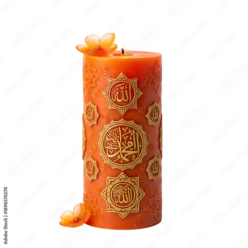 Fototapeta premium Orange Candle with Islamic Calligraphy and Flowers Lit on Black Background