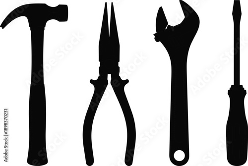 Hand tools silhouette icon set featuring hammer, pliers, wrench and screwdriver, isolated on white background for construction and repair design