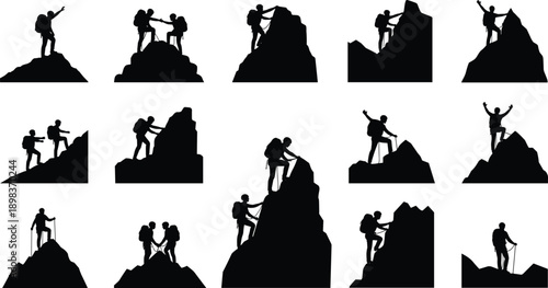 Set of black mountain climber silhouettes and mountaineering icons isolated on white background for adventure sports designs, outdoor exploration graphics, teamwork, and summit achievement.