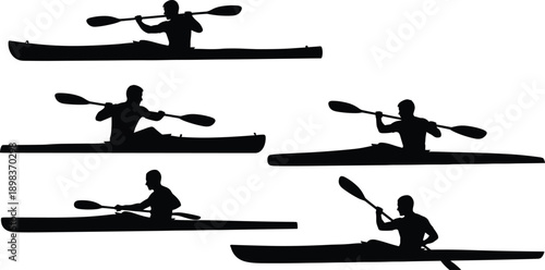 Kayak paddling silhouette collection showing professional athletes performing different kayaking techniques, isolated on white background for water sport design