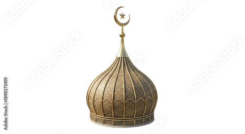 Golden mosque dome with crescent moon finial, Islamic architecture element, for mockup or website, Isolated on transparent background, png