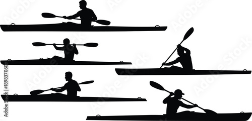 Kayaking sport silhouettes showing paddling techniques, canoe and kayak athletes isolated on white background for water adventure design